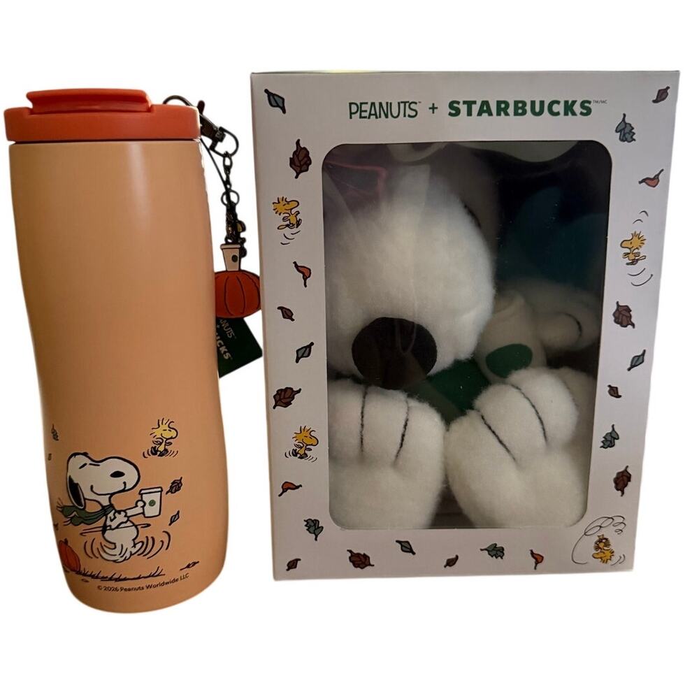 Starbucks Peanuts Snoopy Orange Tumbler + Large Snoopy Plush Combo Brand New
